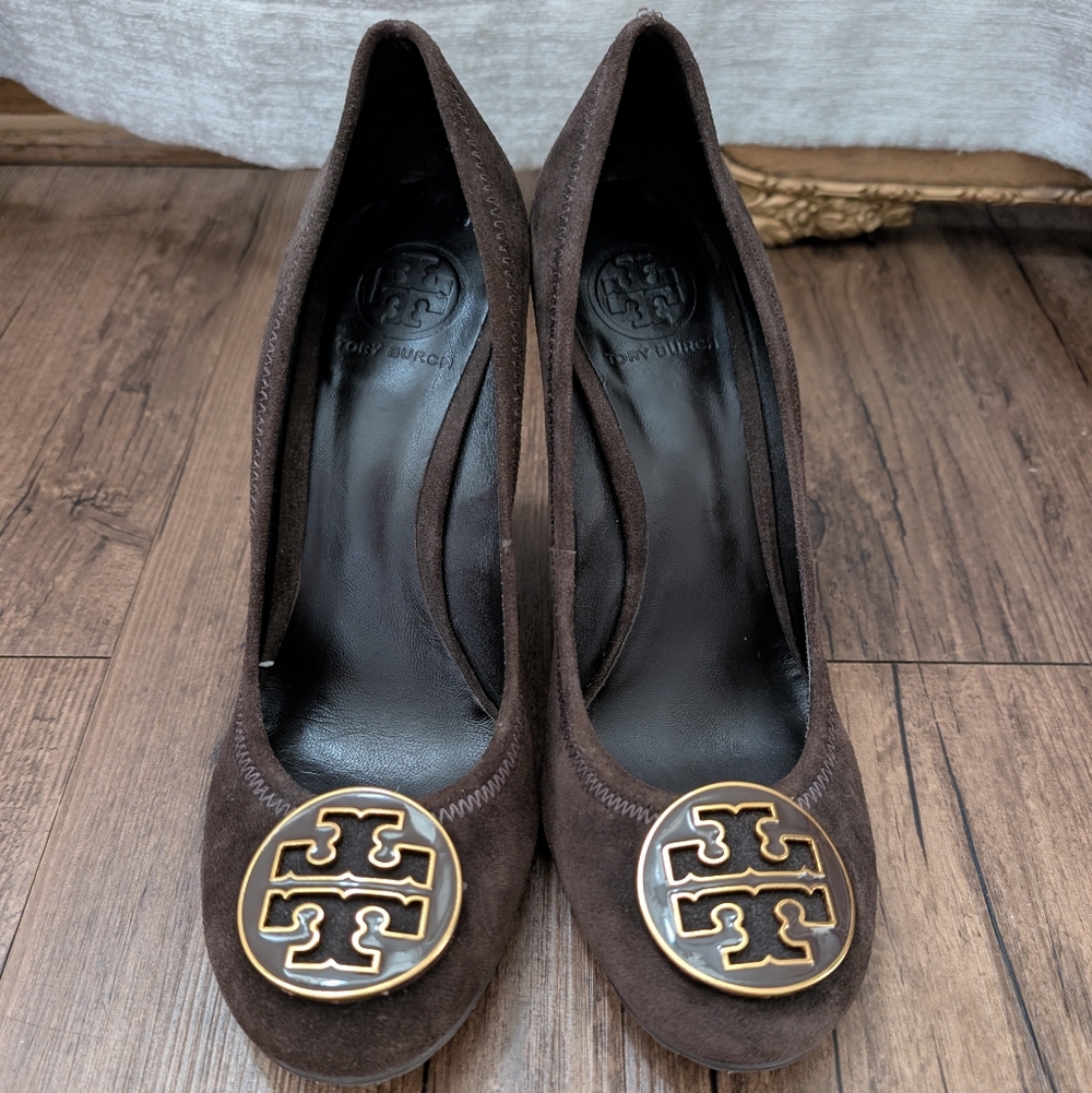 Tory Burch Dark Brown Suede Wedge Heels with Gold Accent